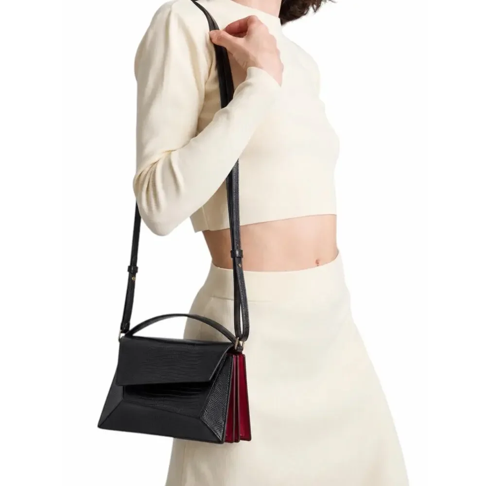 Mlouye Small Naomi Crossbody Bag Lizard Emboss Leather Top Handle Bag Black Red